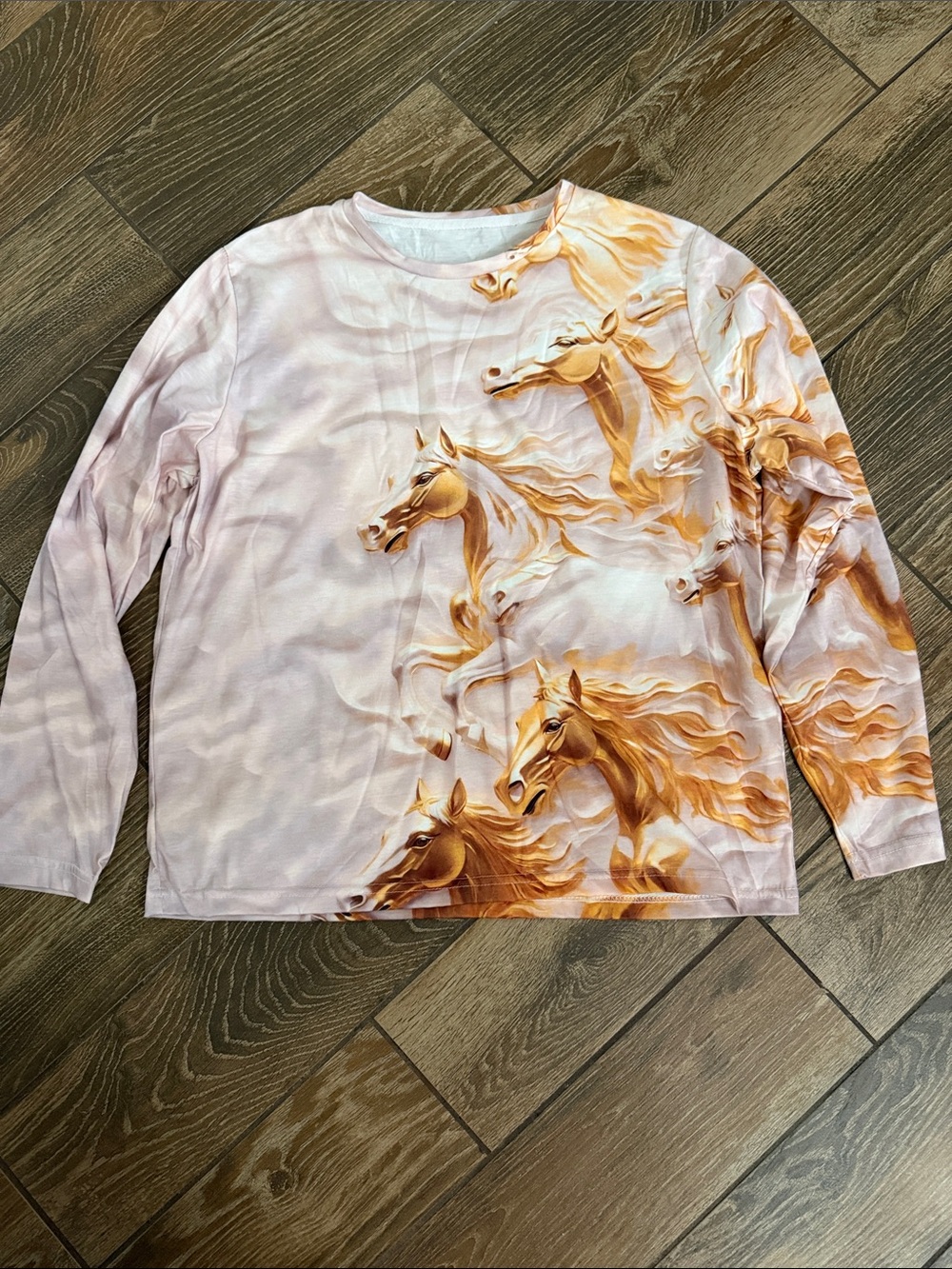 Women’s Long Sleeve Light Pink Top with Golden Horses - XL
